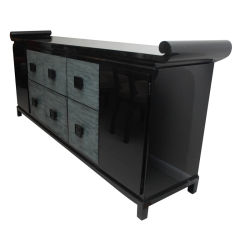 LARGE BLACK LACQUERED SCROLL CABINET BY JAMES MONT