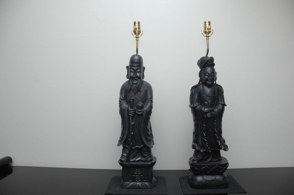 GRAND PAIR OF  CARVED STONE ORIENTAL FIGURINE  LAMPS