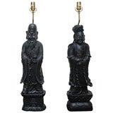 GRAND PAIR OF  CARVED STONE ORIENTAL FIGURINE  LAMPS