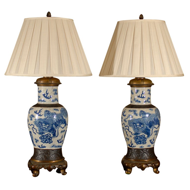 Blue & White Crackleware  Lamps For Sale