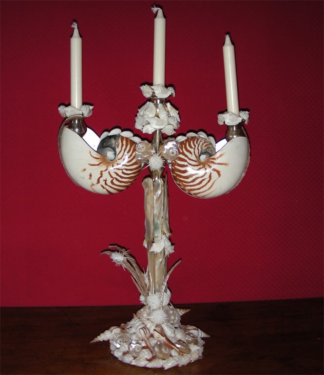 Large 1990s candleholder by Frédérique Lombard Morel in silver plated metal and shells.