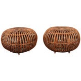 Vintage Franco Albini Matched Pair of Rattan Ottomans