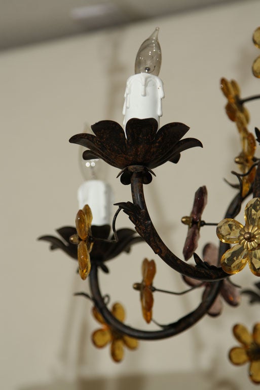 French IRON  & COLORED GLASS  CHANDELIER