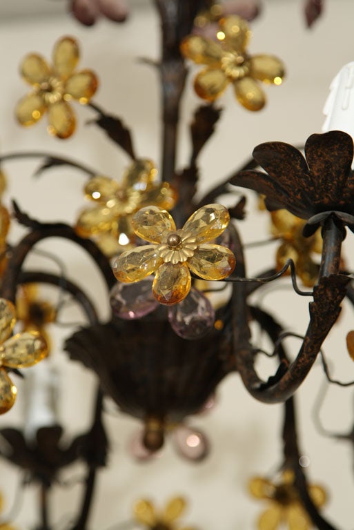 Mid-20th Century IRON  & COLORED GLASS  CHANDELIER