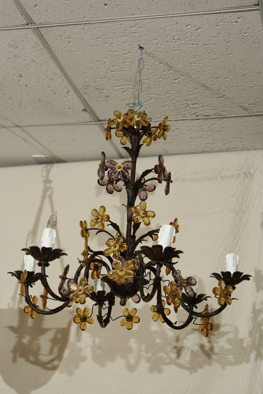 6 LITE IRON  CHANDELIER WITH MULTI  COLORED GLASS FLOWER DESIGN - MOSTY AMBER AND AMETHYST COLOR