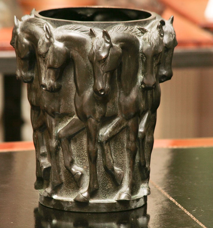 Bronze Art deco vase decorated with horses in relief.  French 1930's