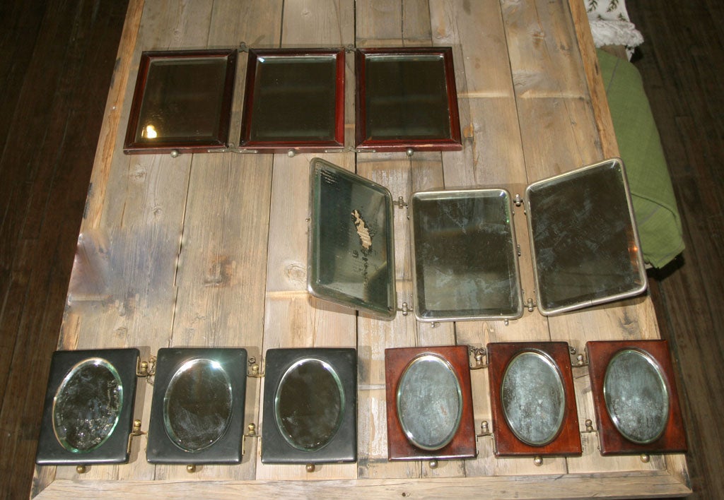 A wonderful collection of late 19th century tri-fold shaving mirrors.  Hung individually or en masse these mirrors look great just about anywhere you put them.  The mirrors are priced individually and range from $240 dollars to $490.