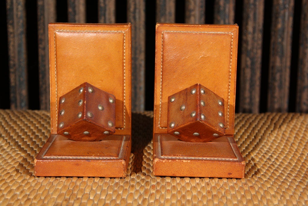 Mid-20th Century Pair of French Leather Dice Bookends For Sale