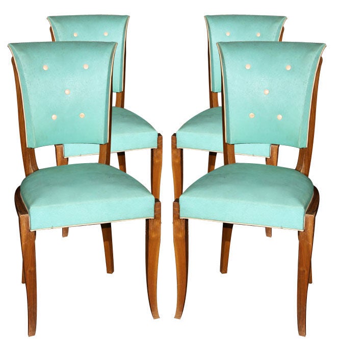 Set of Six Pale Green Buttoned French Chairs