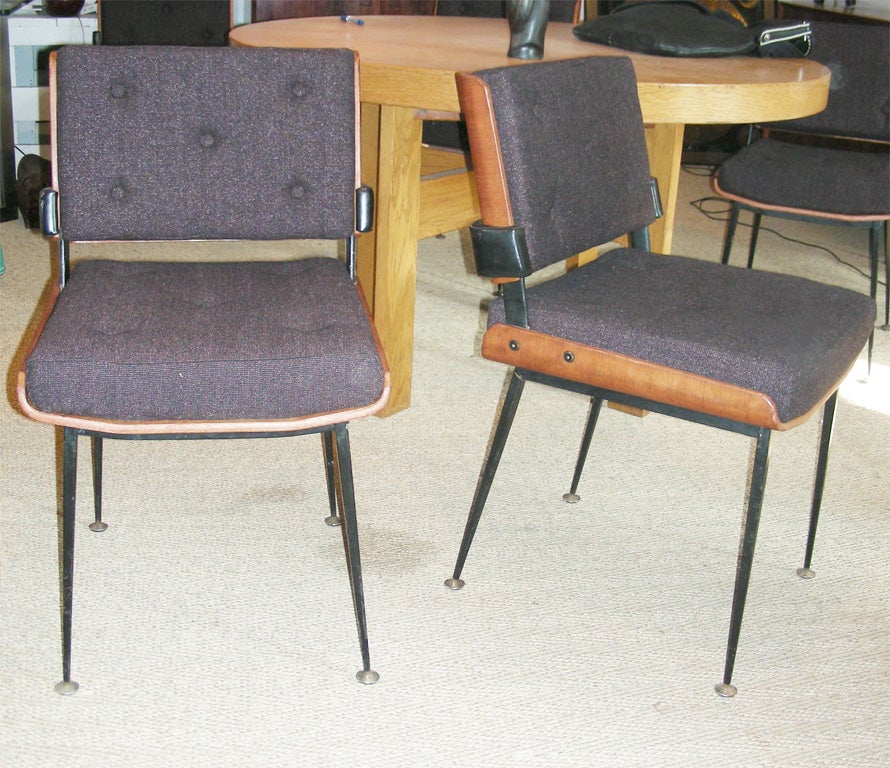 Six 1950s chairs by Alain Richard in metal, rosewood and imitation leather. New foam and new fabric.