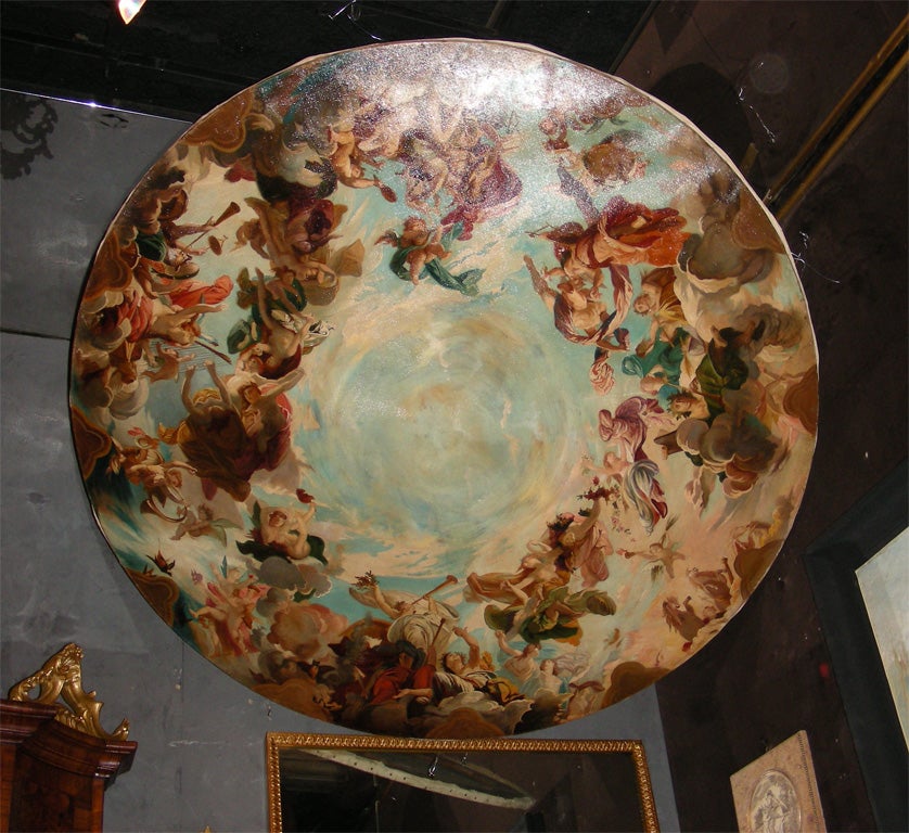 1870s round ceiling painting of the Allegory of Music, oil on canvas, no frame.