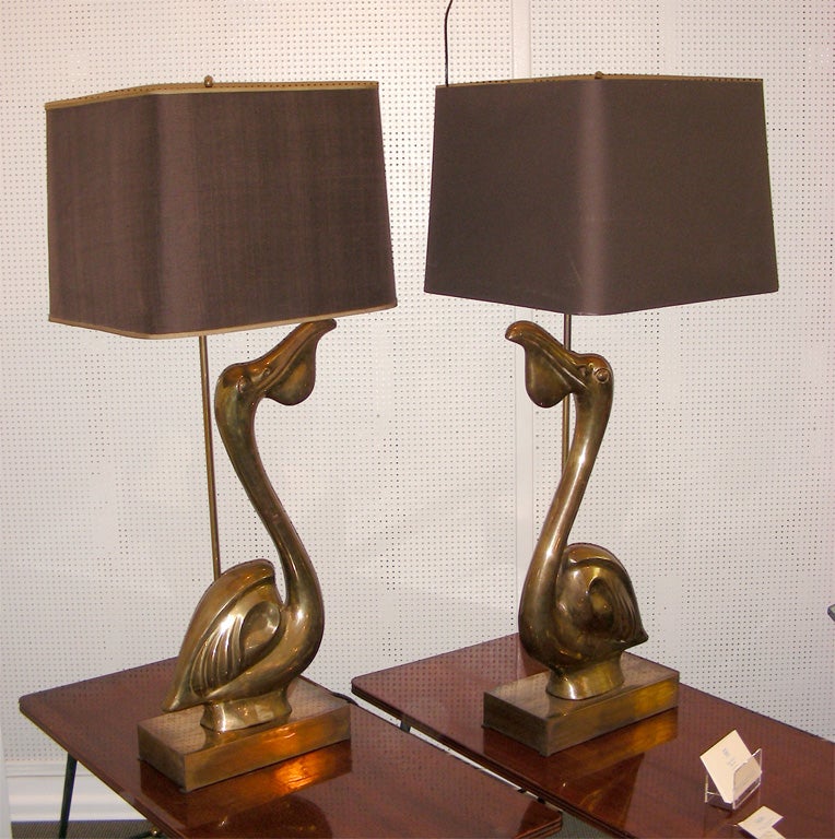 Late 20th Century Two 1970s Bronze Pelican Lamps by Chervet For Sale