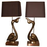 Two 1970s Bronze Pelican Lamps by Chervet