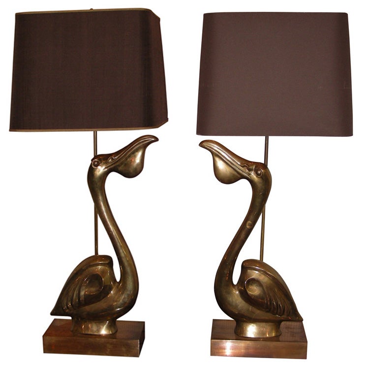 Two 1970s Bronze Pelican Lamps by Chervet For Sale