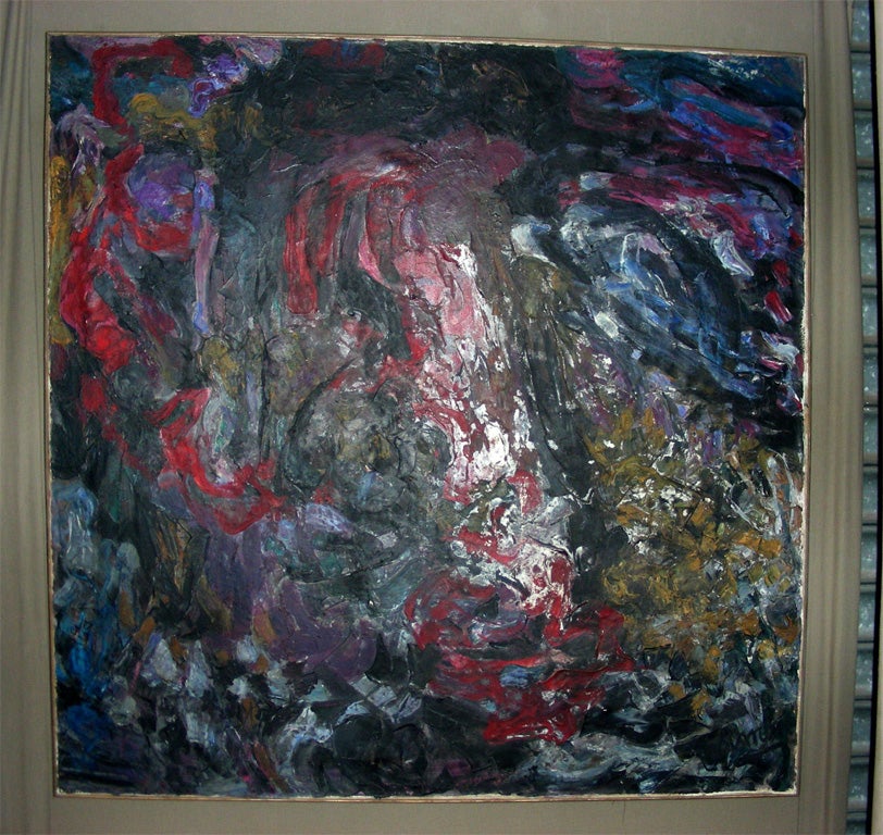 Large abstract painting signed by Asimon and dated 1960

Large canvas mounted on frame, abstract style signed at the lower level by Asimon, technique of pigments applied with a palette knife with a wide range of colors intermingling mainly red,
