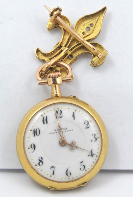 "Châtelaine" Alpina 18K Gold and Diamond Brooch-Watch