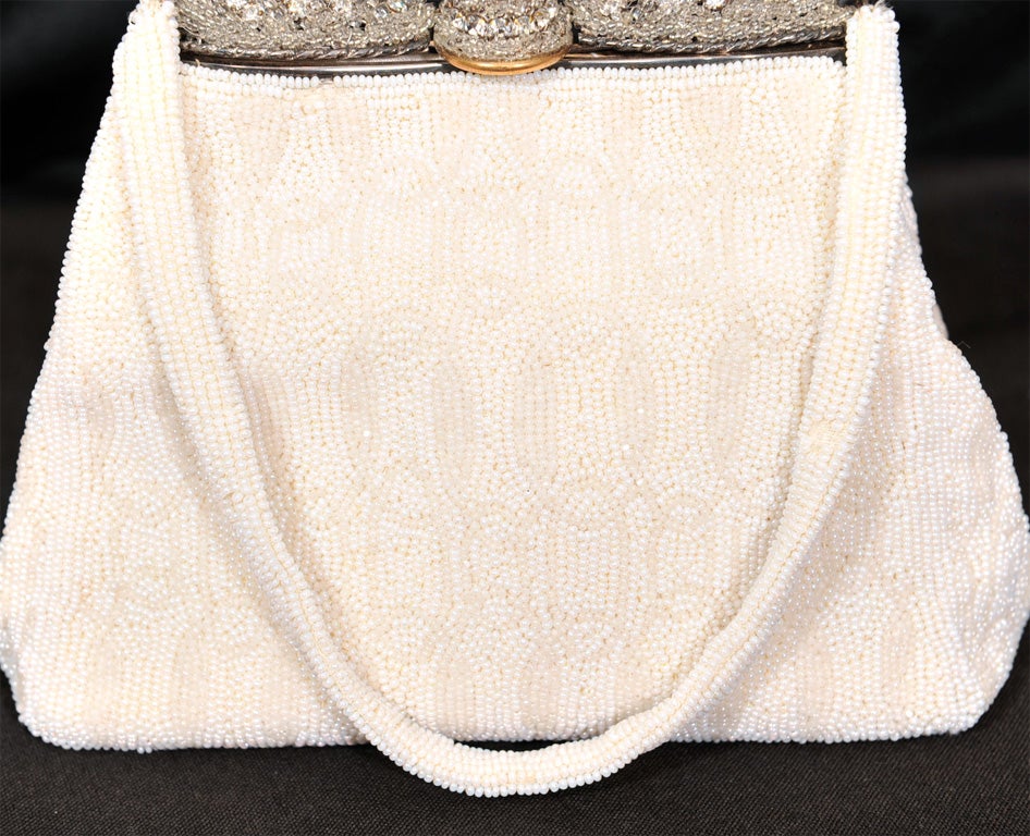 White 1950's French Rhinestone Frame Wite Beaded Evening Bag For Sale