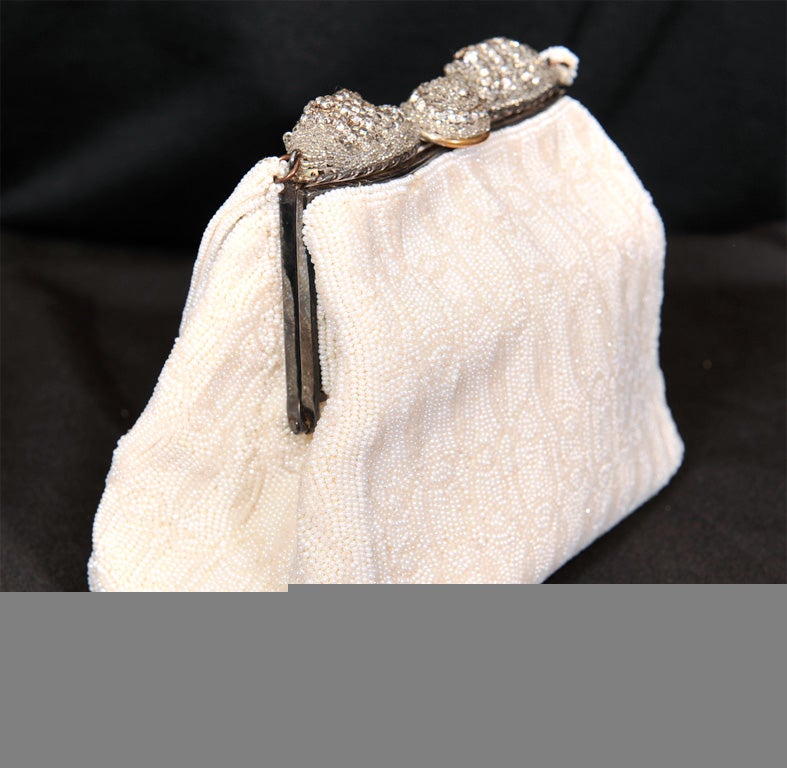 Women's 1950's French Rhinestone Frame Wite Beaded Evening Bag For Sale