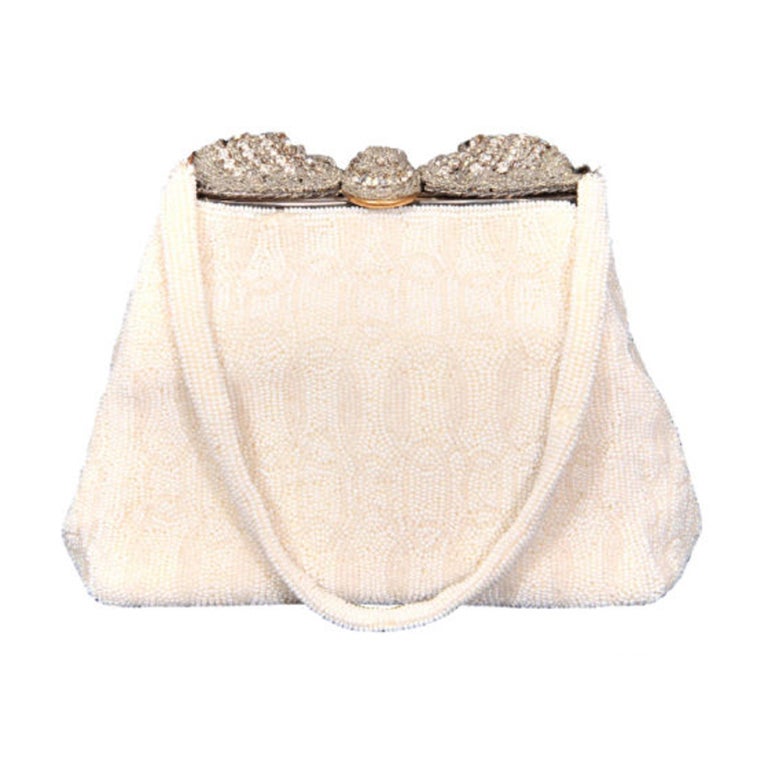 1950's French Rhinestone Frame Wite Beaded Evening Bag For Sale