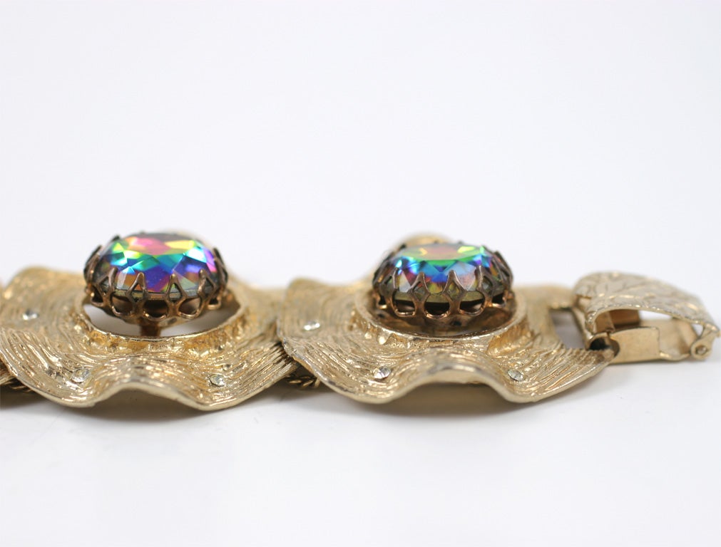 Women's Gilt Bracelet with Large Aurora Borealis Stones, Costume Jewelry For Sale