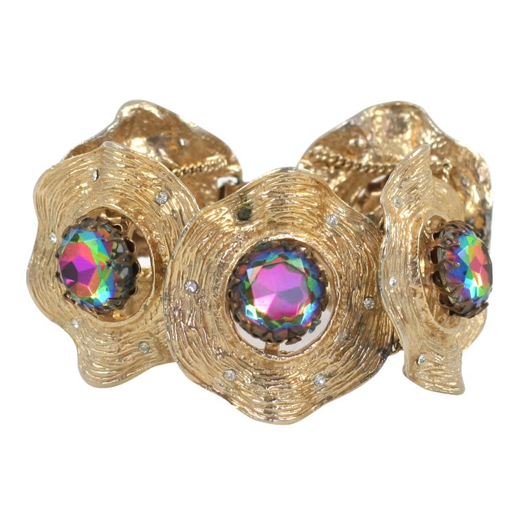 Gilt Bracelet with Large Aurora Borealis Stones, Costume Jewelry For Sale