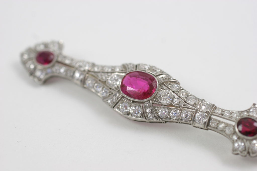 Spectacular Burma Ruby and Diamond bar Brooch For Sale 1