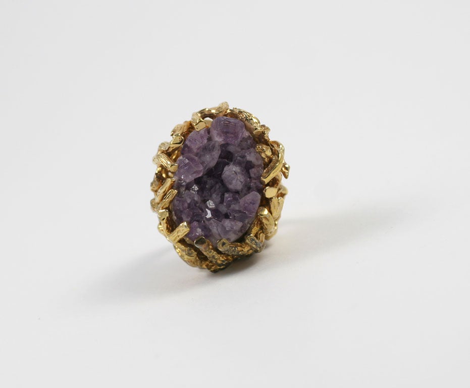 Goldtone organic style ring with real amethyst rock cluster.