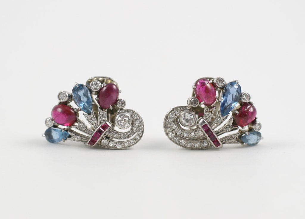 Charming Deco Ruby and Sapphire Bouquet Earrings