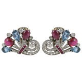 Antique Charming Deco Ruby and Sapphire Bouquet Earrings