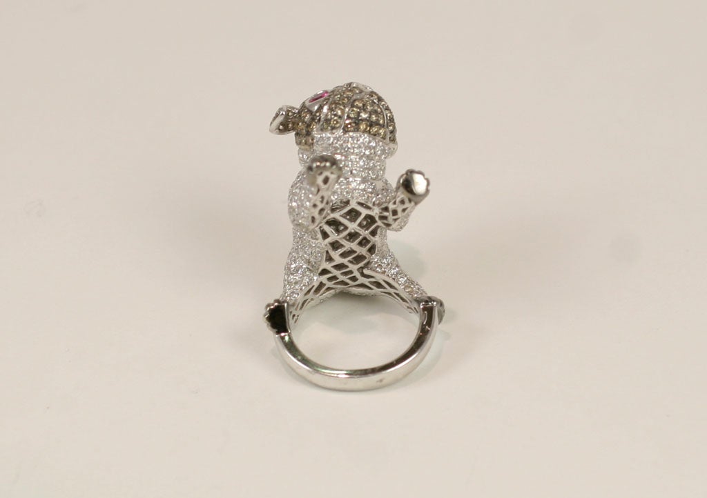 18K White Gold and Diamond Pug Ring  with White Brilliant and Cognac Diamonds and Ruby Eyes. Total Carat weight 6.59. Stones are all full cut clean white F-G quality .