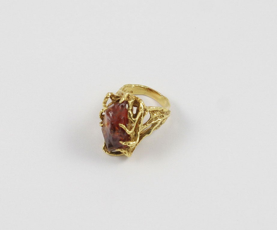 Jewelry with minerals set in gold is all the rage right now, but this is not a new concept jewelry design. Arthur King was creating beautiful pieces in the 1960’s, like this ring, a roughly cut citrine set in a fluid gold setting. He achieved this