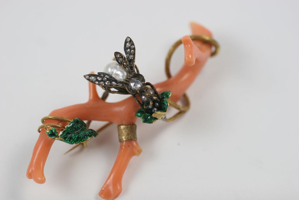 Unusual Victorian Branch Coral, Pearl & Diamond Brooch In Excellent Condition In New York, NY