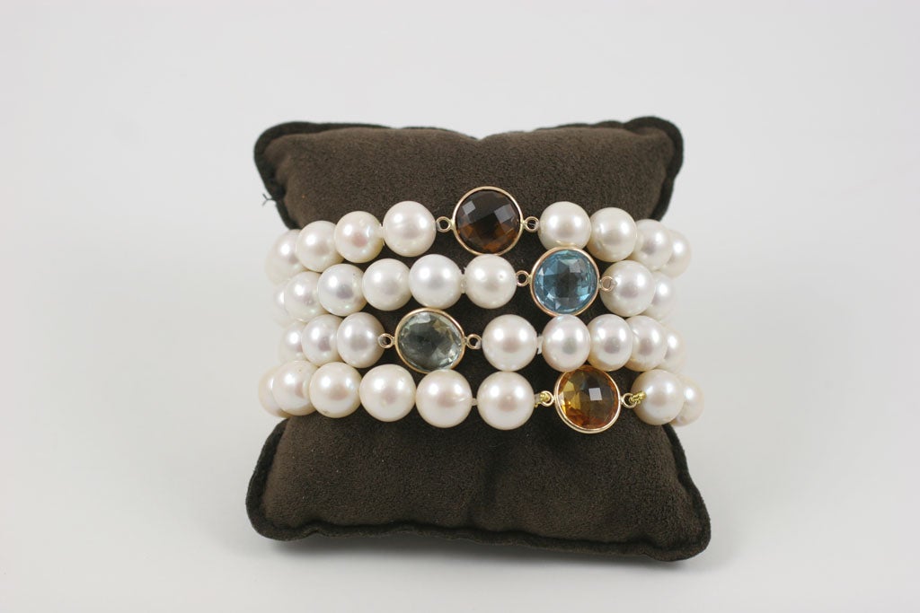 stretch pearl bracelets with mulit  colored semi precious stones