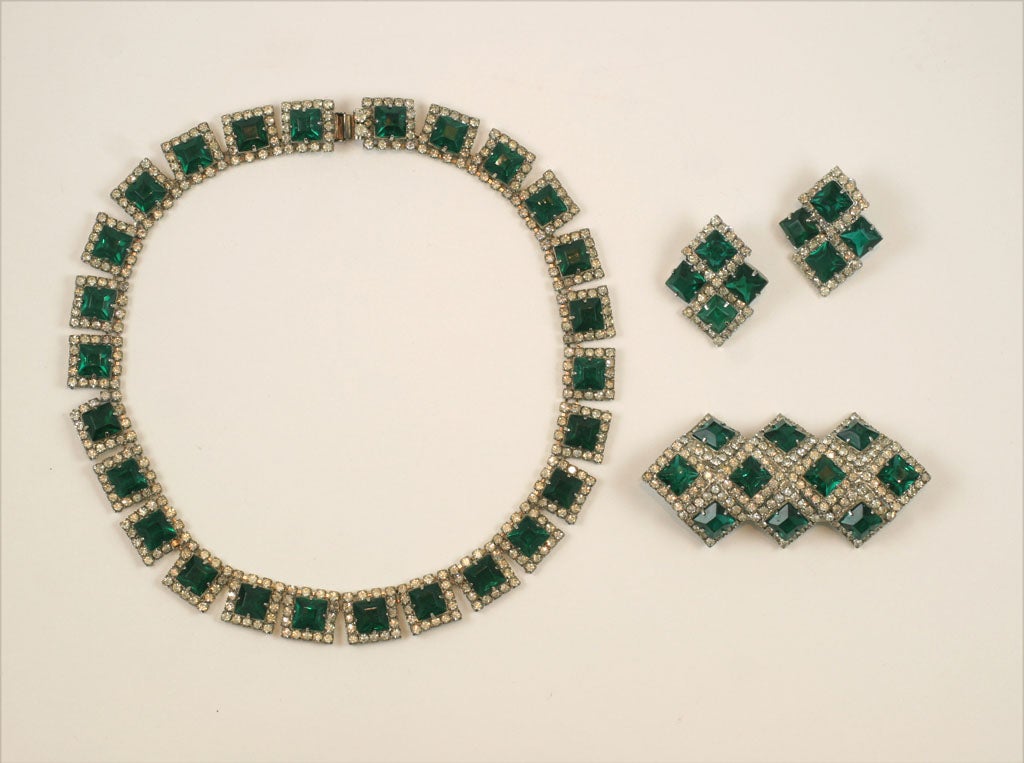 Kramer Faux Emerald/Rhinestone Necklace/Pin/Earring Set