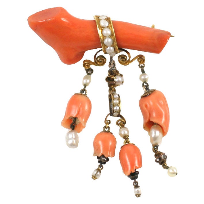 ORANGE & PINK CORAL, GOLD and NATURAL PEARL TREMBLANT BROOCH For Sale