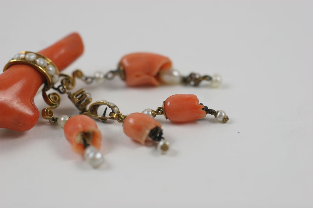 Women's ORANGE & PINK CORAL, GOLD and NATURAL PEARL TREMBLANT BROOCH For Sale