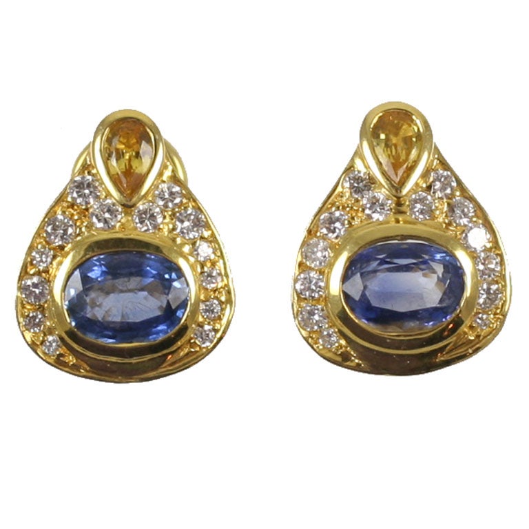 14Kt Yellow Gold,  Diamond 
Colored Sapphire Earrings