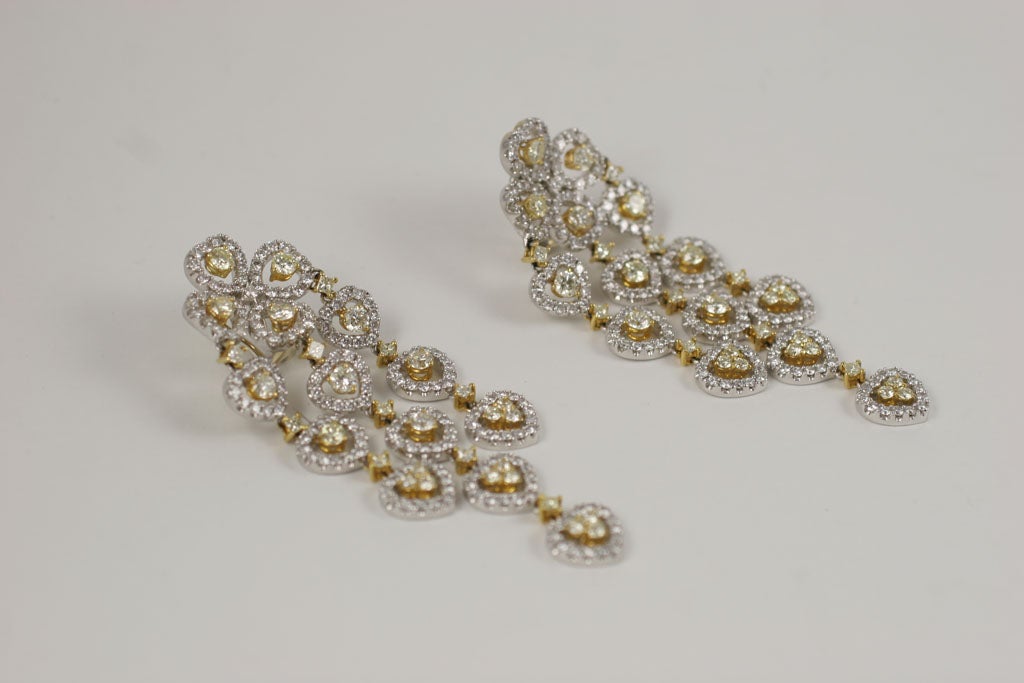 18 K Yellow and White Diamond  Wide Chandelier Earrings For Sale 1