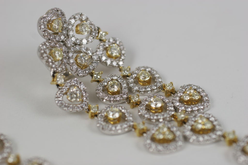 18 K Yellow and White Diamond  Wide Chandelier Earrings For Sale 2