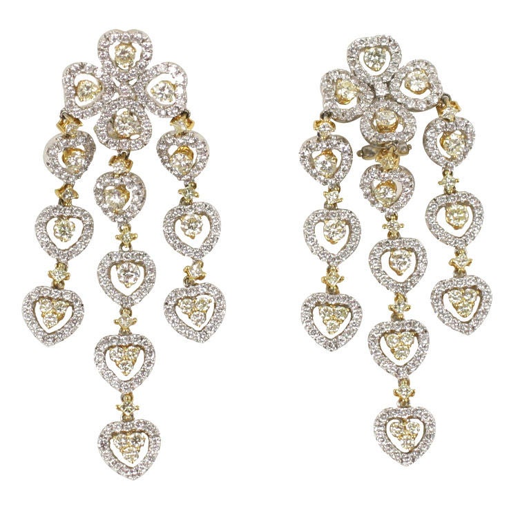 18 K Yellow and White Diamond  Wide Chandelier Earrings For Sale