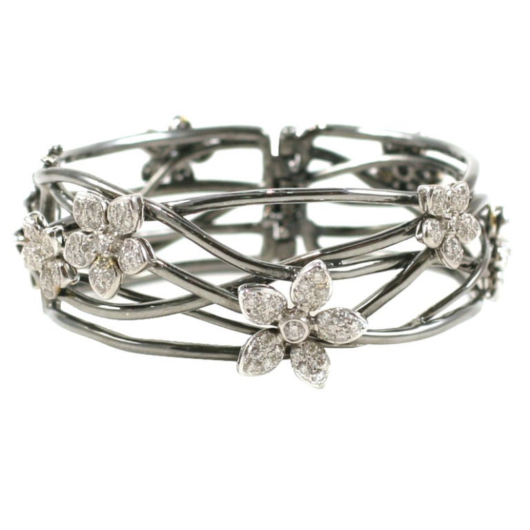 18 K Black Gold  Bangle with Diamond Flower Motif For Sale