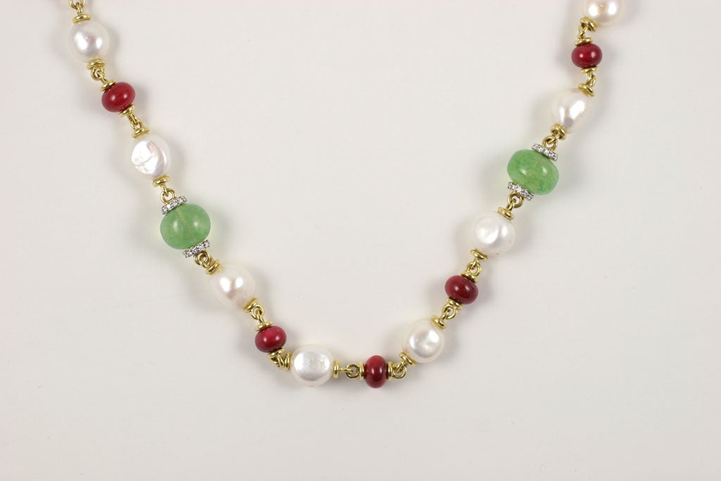 Women's 18 k colored stone, pearl and diamond necklace