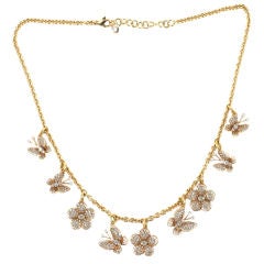 18 K Pink Gold and Diamond Butterfly and Flower Charm Necklace