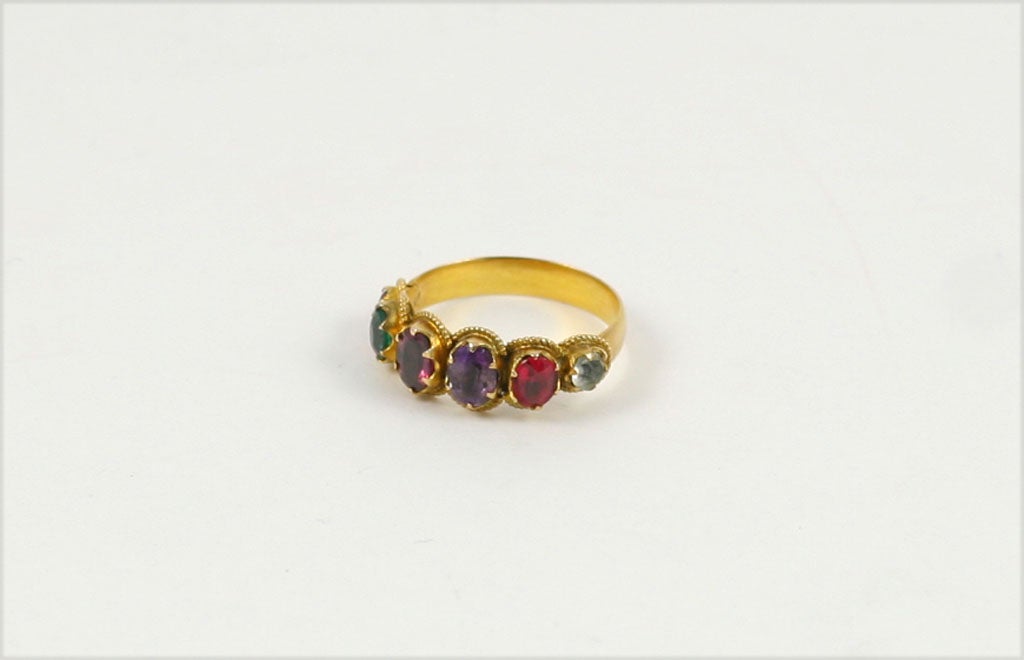 During the eighteenth-century it was fashionable for men to express their sentiments by presenting their beloved with a REGARD ring. The word “REGARD” is an acronym for the stones which make up the ring: Ruby, Emerald, Garnet, Amethyst, Ruby,