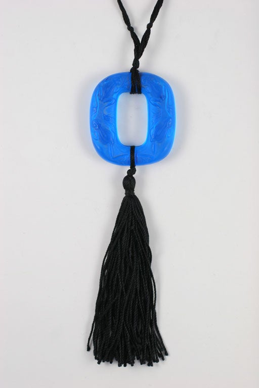 Rene Lalique Blue Pendant with Frogs on Silk Cord
