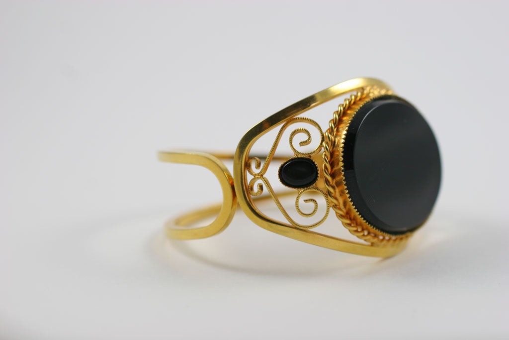Goldtone Cuff Bracelet with Large Black Stone, Costume Jewelry 2