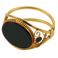 Goldtone Cuff Bracelet with Large Black Stone, Costume Jewelry