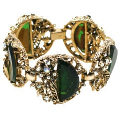 French Pome Green Stone and Rhinestone Gilt Bracelet