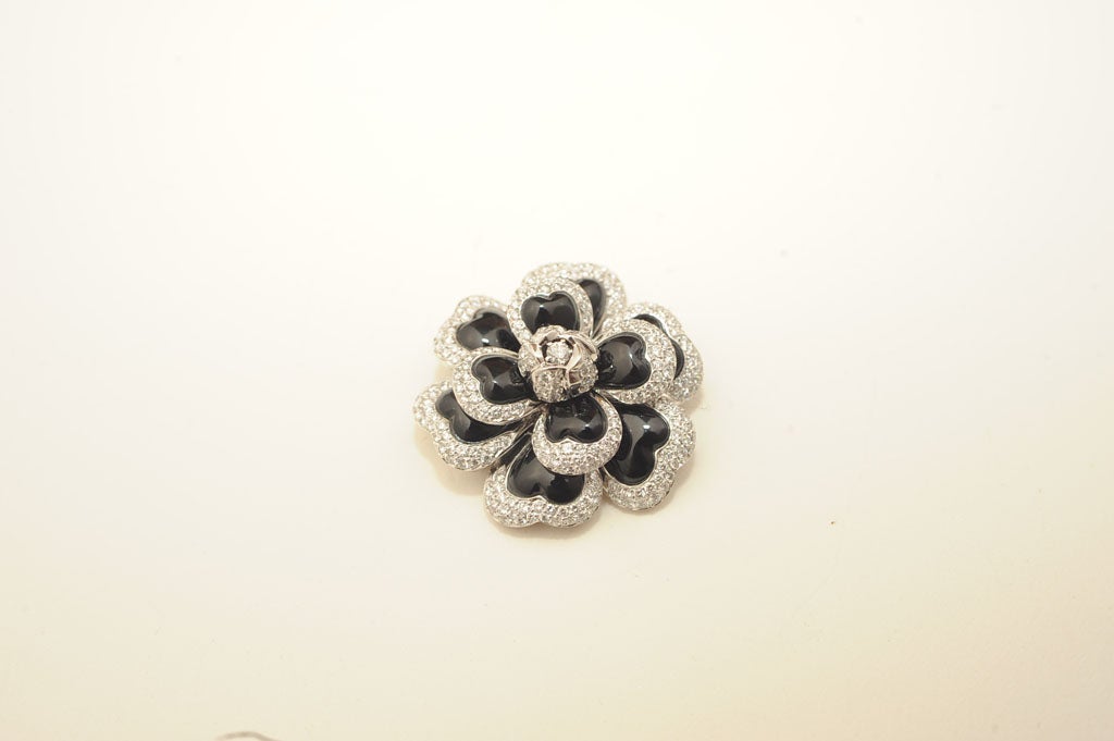 Women's CHANEL Diamond Black Enamel Camellia Pin For Sale
