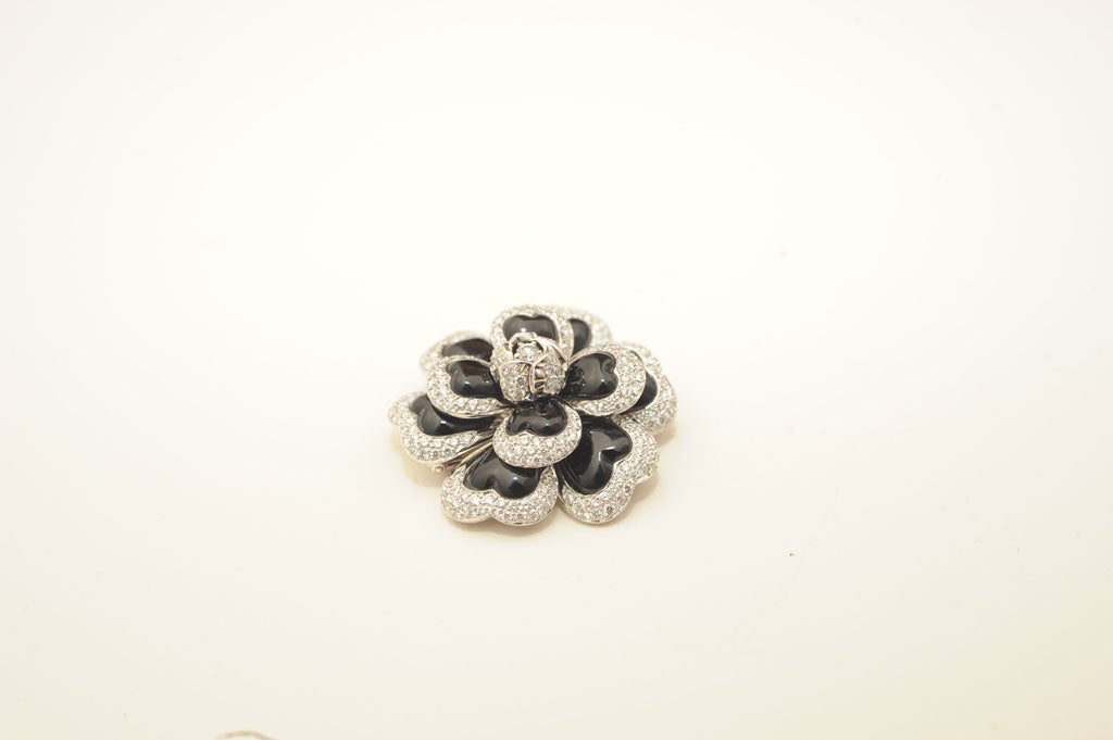 CHANEL Diamond Black Enamel Camellia Pin For Sale 1